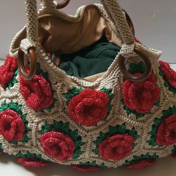 Vintage knit crochet sparkle large floral  bag - Picture 7 of 8
